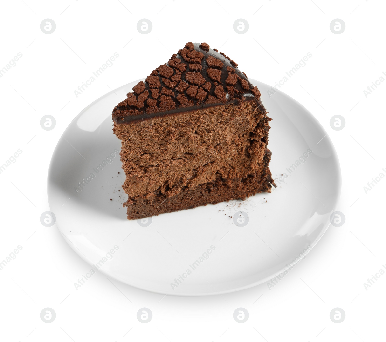 Photo of Piece of delicious chocolate truffle cake isolated on white