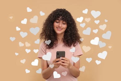 Long distance love. Woman chatting with sweetheart via smartphone on dark beige background. Hearts flying out of device and swirling around her