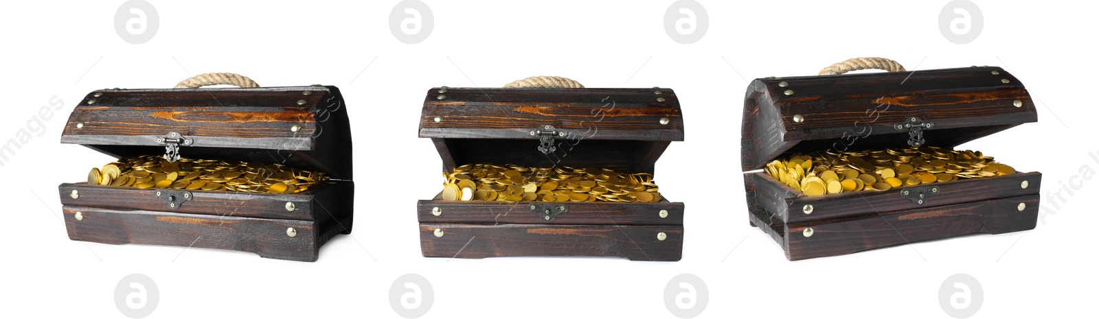 Image of Set with treasure chests full of gold coins on white background. Banner design