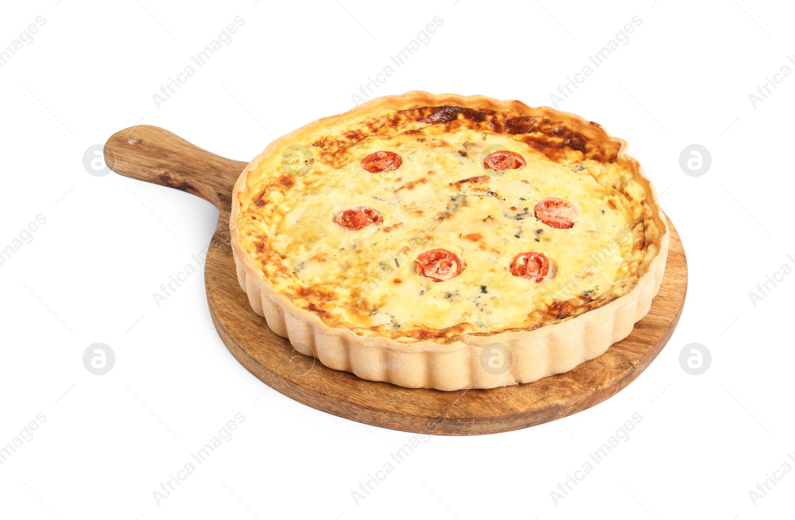 Photo of Delicious quiche with cheese and tomatoes isolated on white