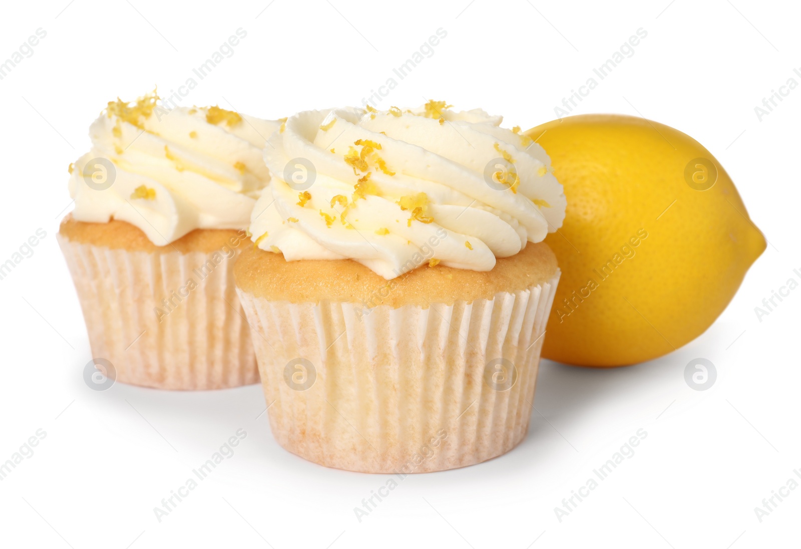 Photo of Delicious cupcakes with cream and lemon zest isolated on white