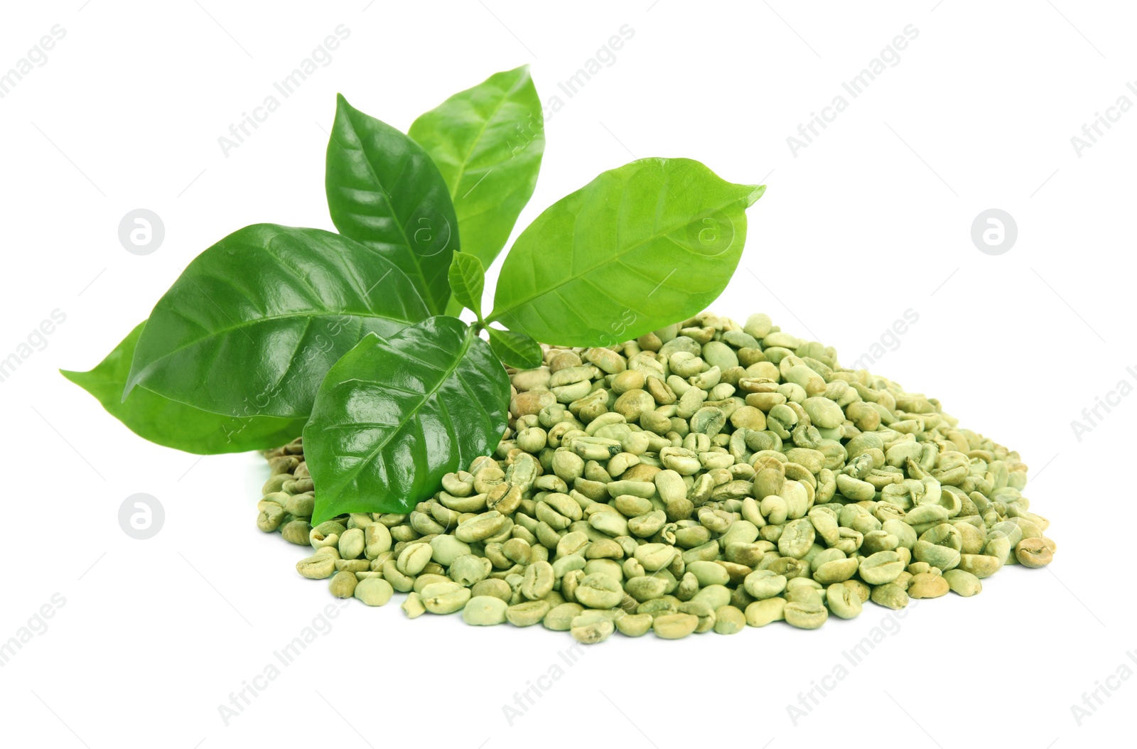 Photo of Green coffee beans and fresh leaves on white background