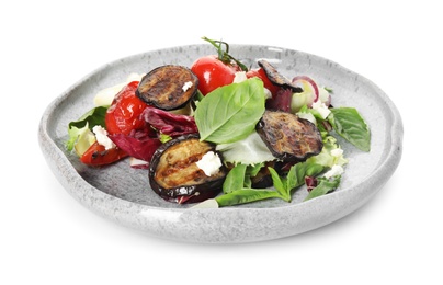 Photo of Delicious salad with roasted eggplant, basil and cheese isolated on white