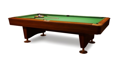 Billiard table with wooden cues, rack and balls on white background
