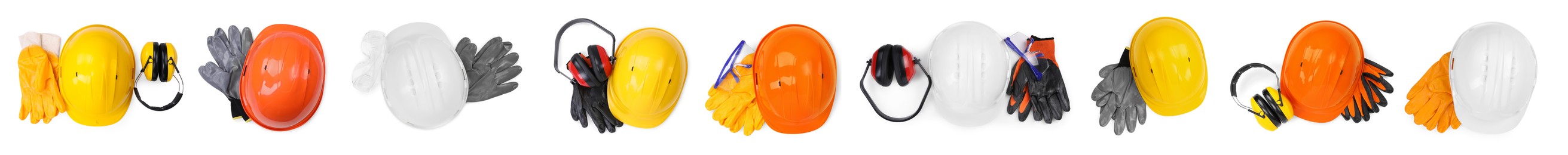 Image of Safety equipment, collection. Hard hats, gloves, protective headphones and goggles isolated on white, top view