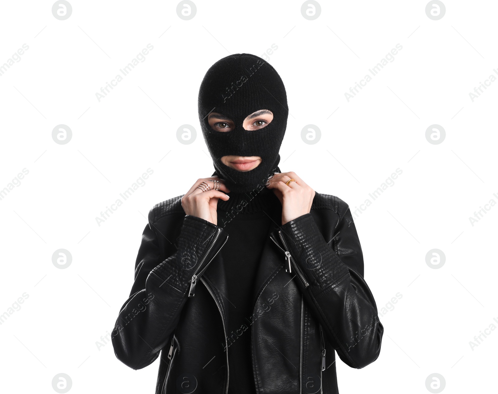 Photo of Woman wearing knitted balaclava on white background