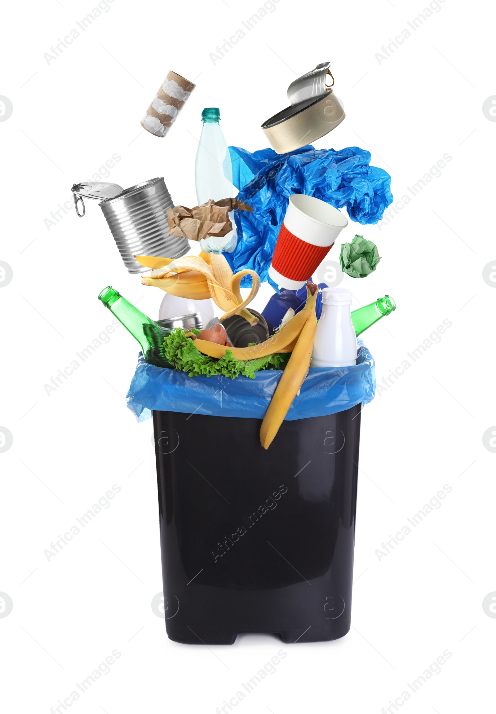 Image of Different garbage falling into trash bin with rubbish bag on white background