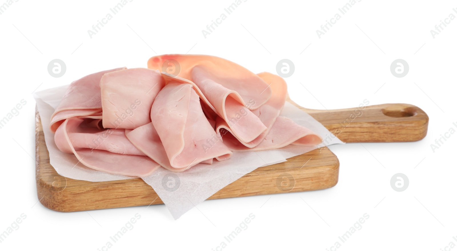 Photo of Delicious ham slices with wooden board isolated on white