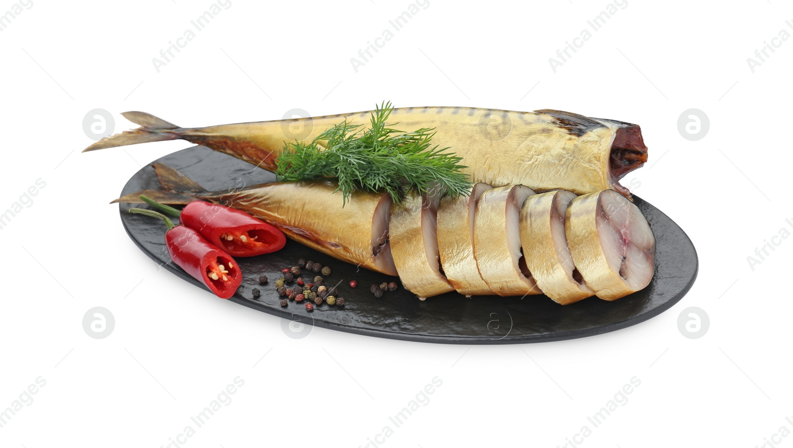 Photo of Delicious smoked mackerels with pepper, dill and spices on white background
