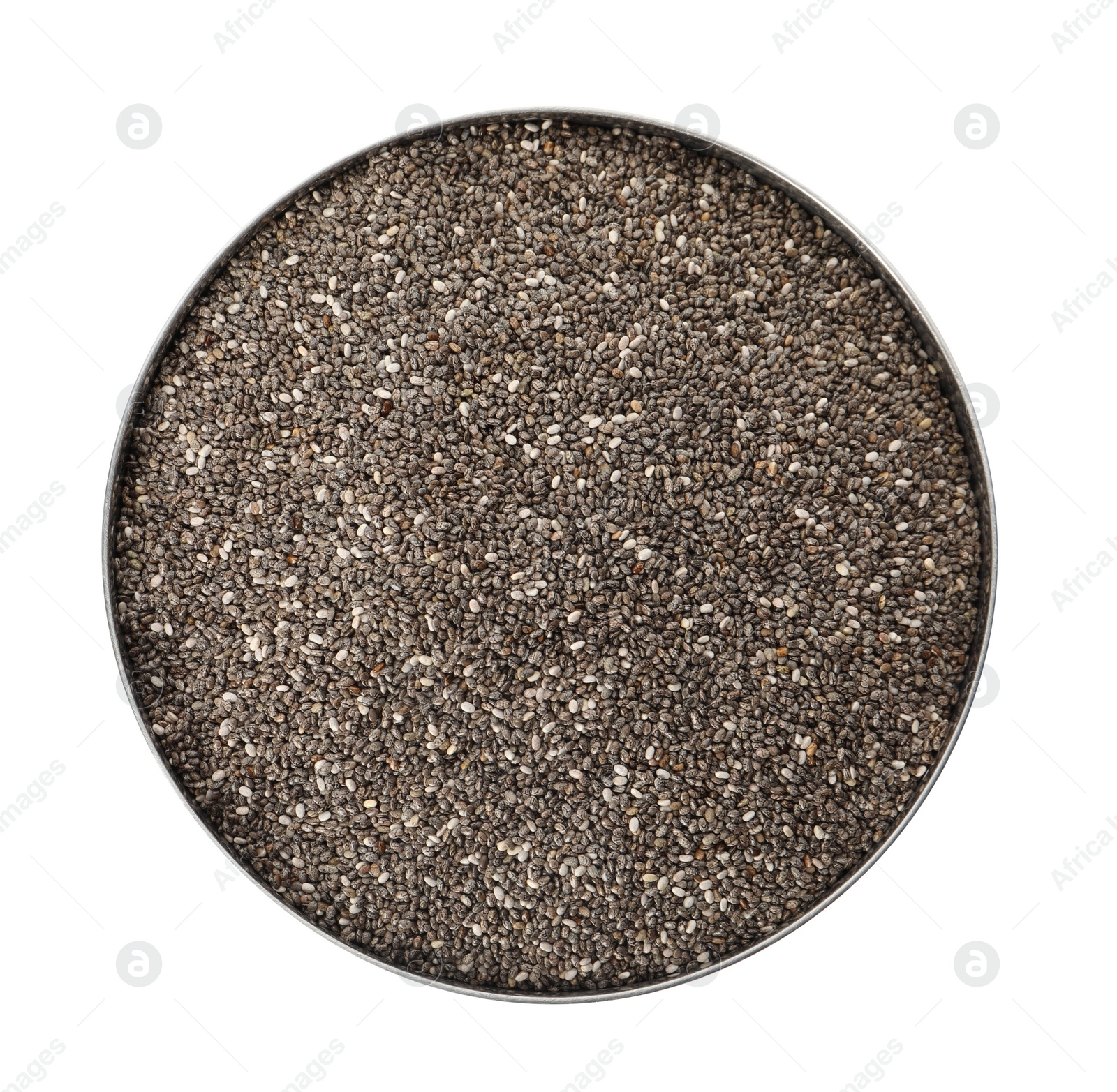 Photo of Bowl with chia seeds isolated on white, top view
