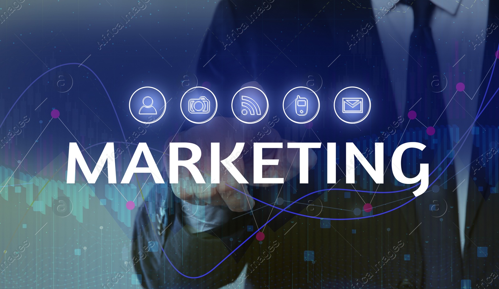 Image of Marketing concept. Businessman touching icons on digital screen, closeup. Banner design