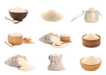 Image of Set with uncooked organic semolina on white background