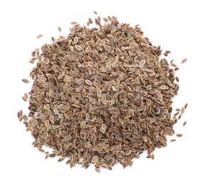 Photo of Heap of dry dill seeds isolated on white, top view