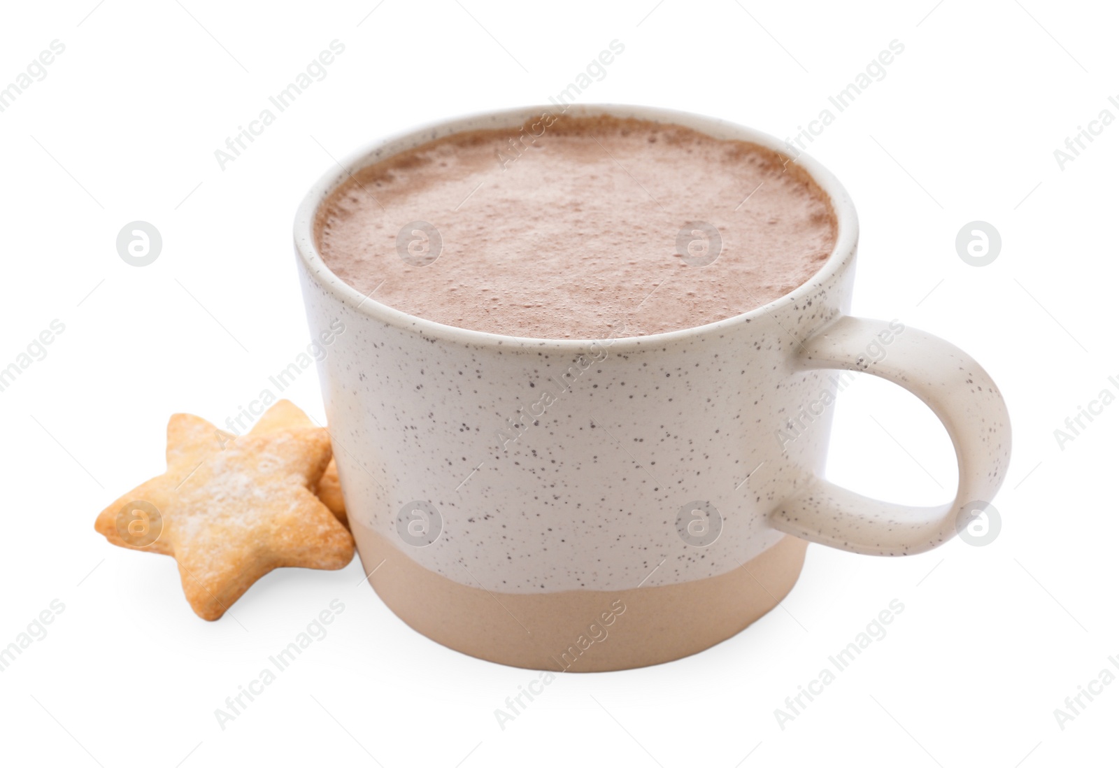 Photo of Delicious cocoa drink in cup and cookies on white background