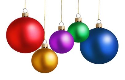 Image of Set of bright Christmas balls on white background