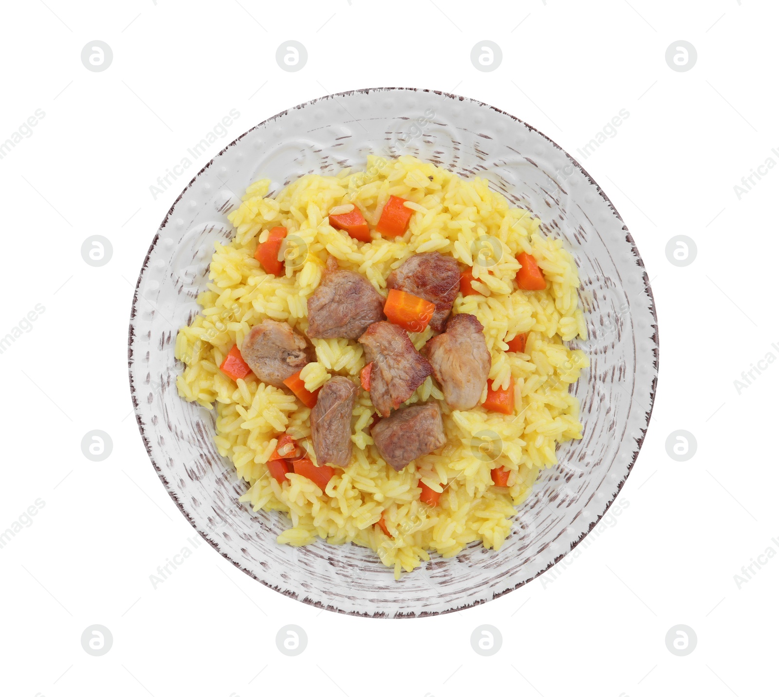 Photo of Delicious pilaf with meat isolated on white