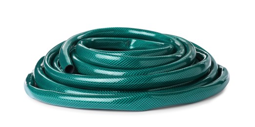 Photo of Green rubber watering hose isolated on white