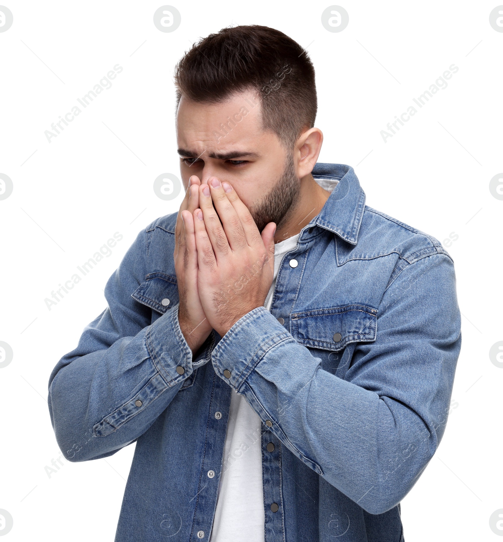 Photo of Sick man coughing on white background. Cold symptoms