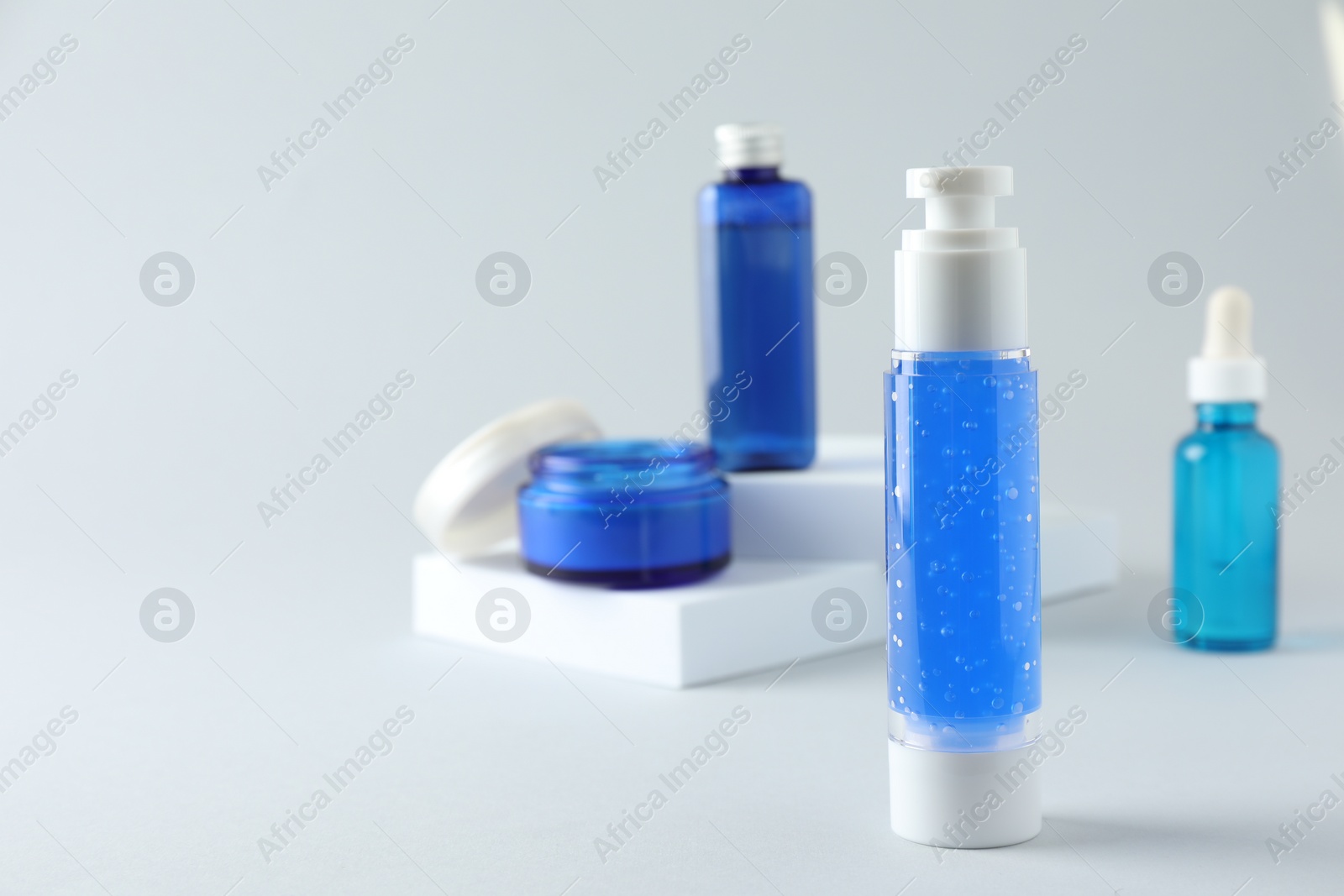 Photo of Set of luxury cosmetic products on white background. Space for text