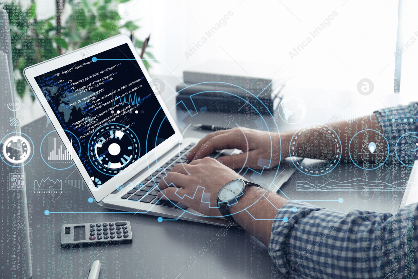 Image of Professional programmer working with laptop in office, closeup