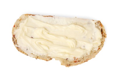 Photo of Slice of tasty bread with butter isolated on white, top view