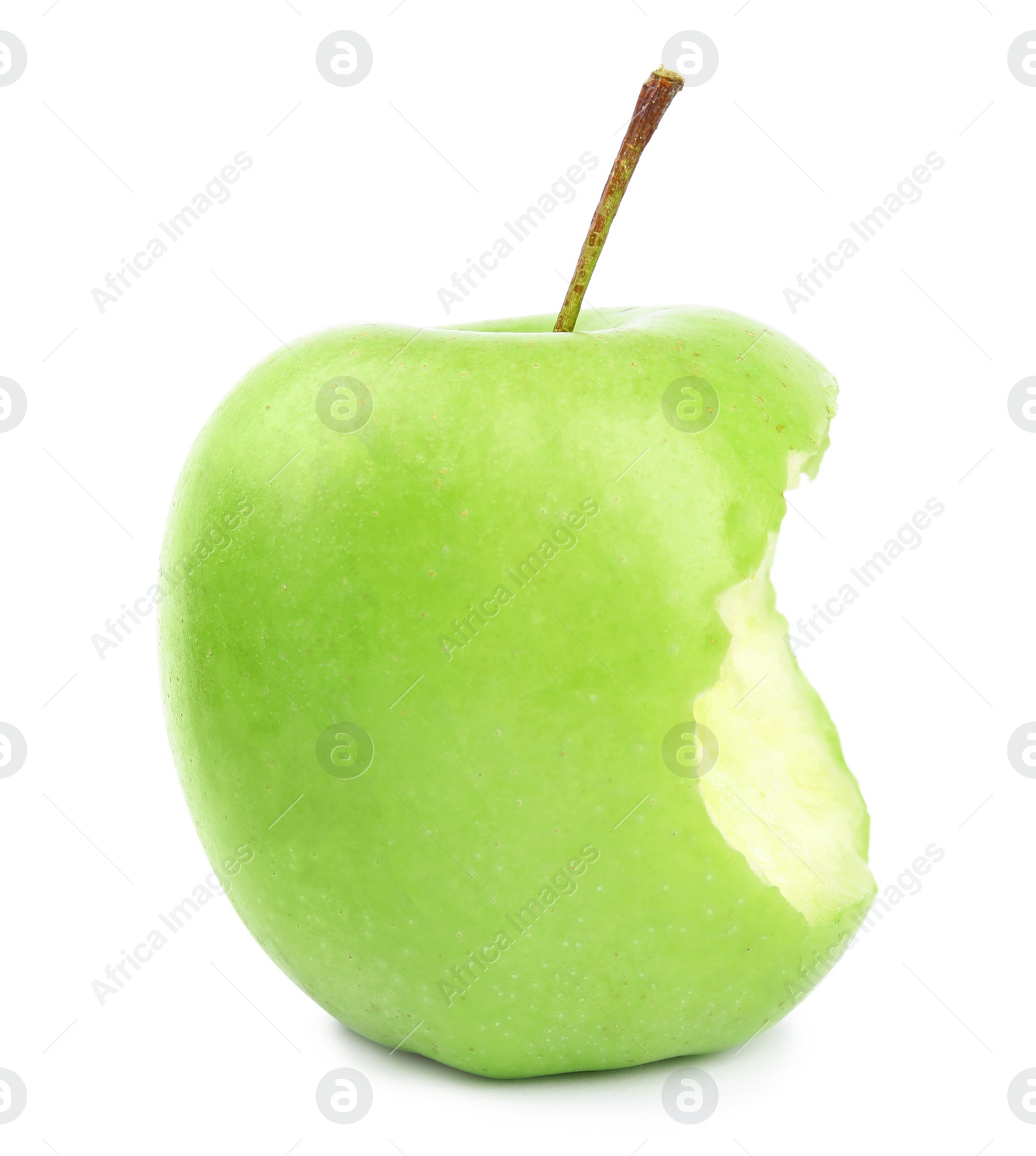 Photo of Fresh ripe green apple with bite mark on white background