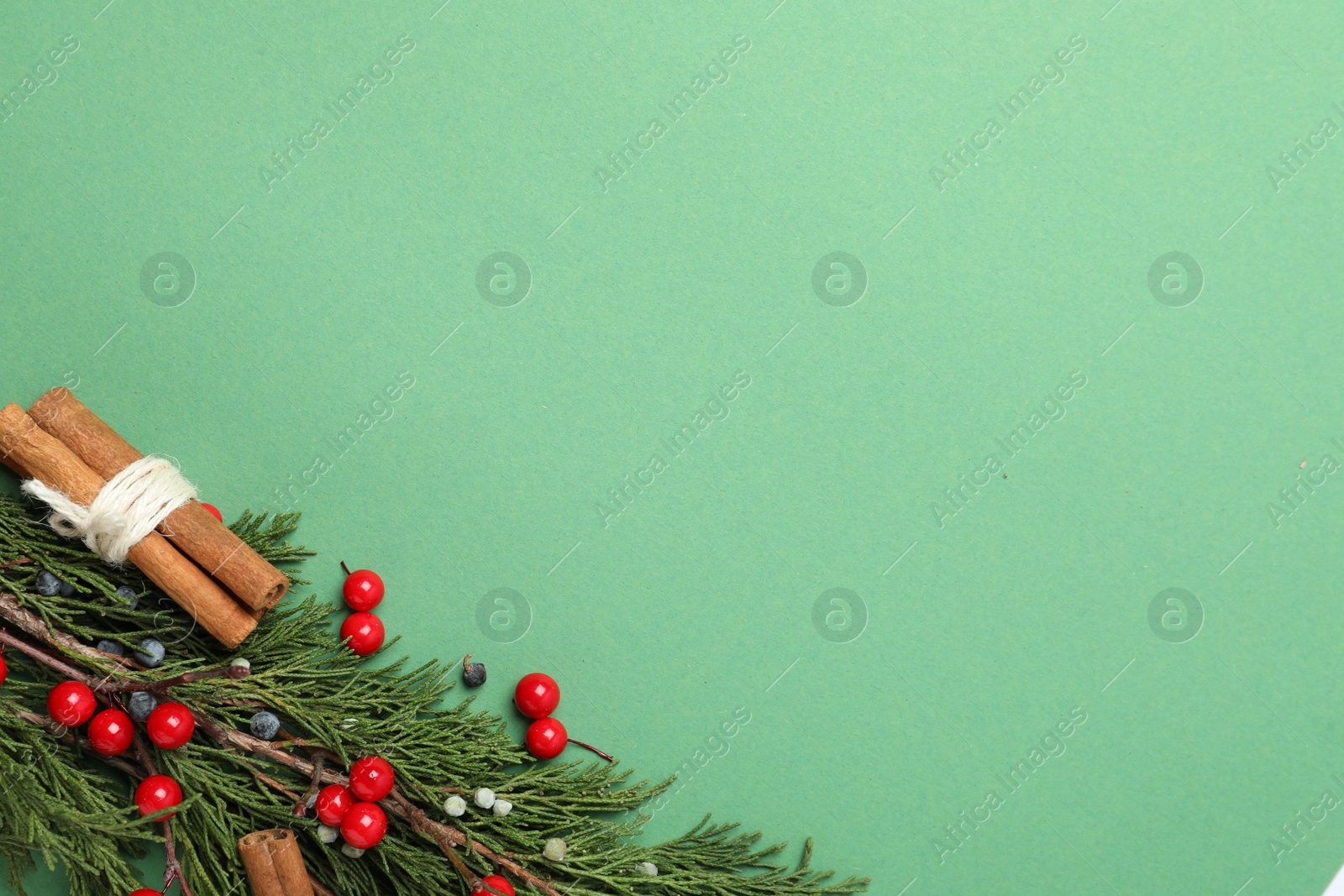 Photo of Christmas flat lay composition with conifer branches and berries on green background, space for text. Winter holidays