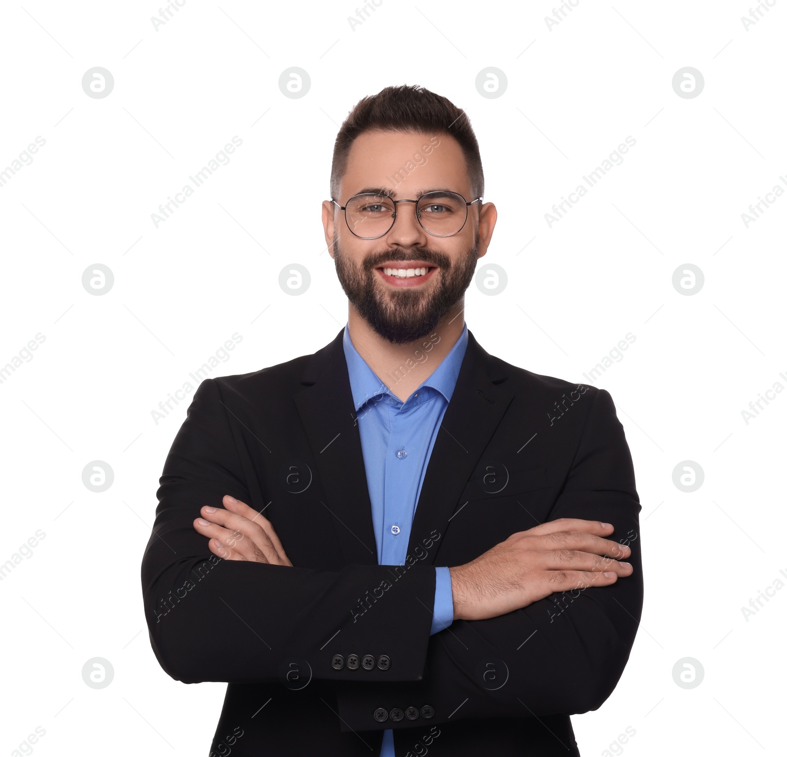 Photo of Portrait of smiling man in glasses with crossed arms on white background. Lawyer, businessman, accountant or manager