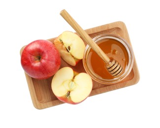 Delicious apples, jar of honey and dipper isolated on white, top view