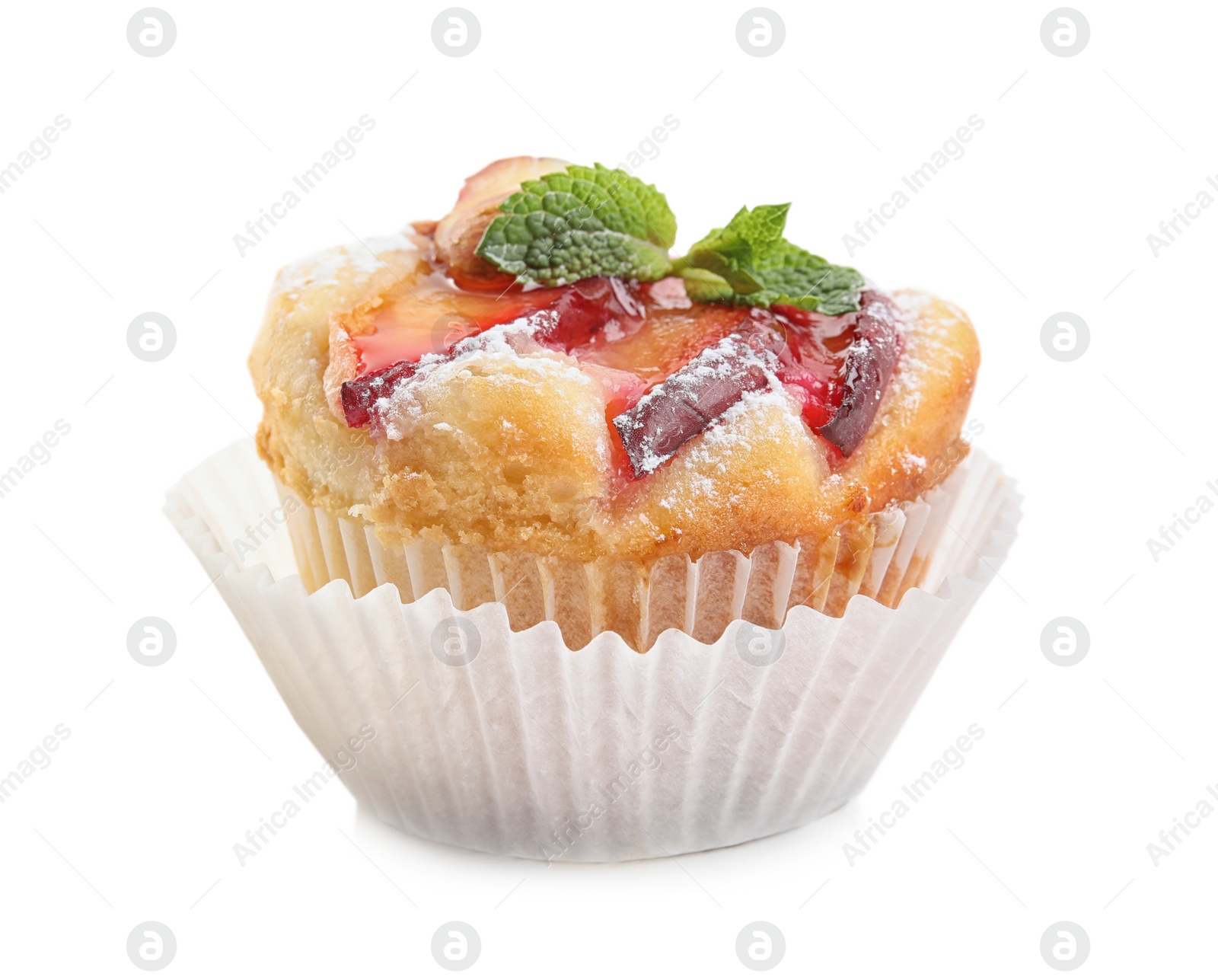 Photo of Delicious cupcake with plums isolated on white