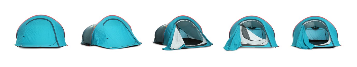 Image of Light blue camping tents on white background, collage. Banner design