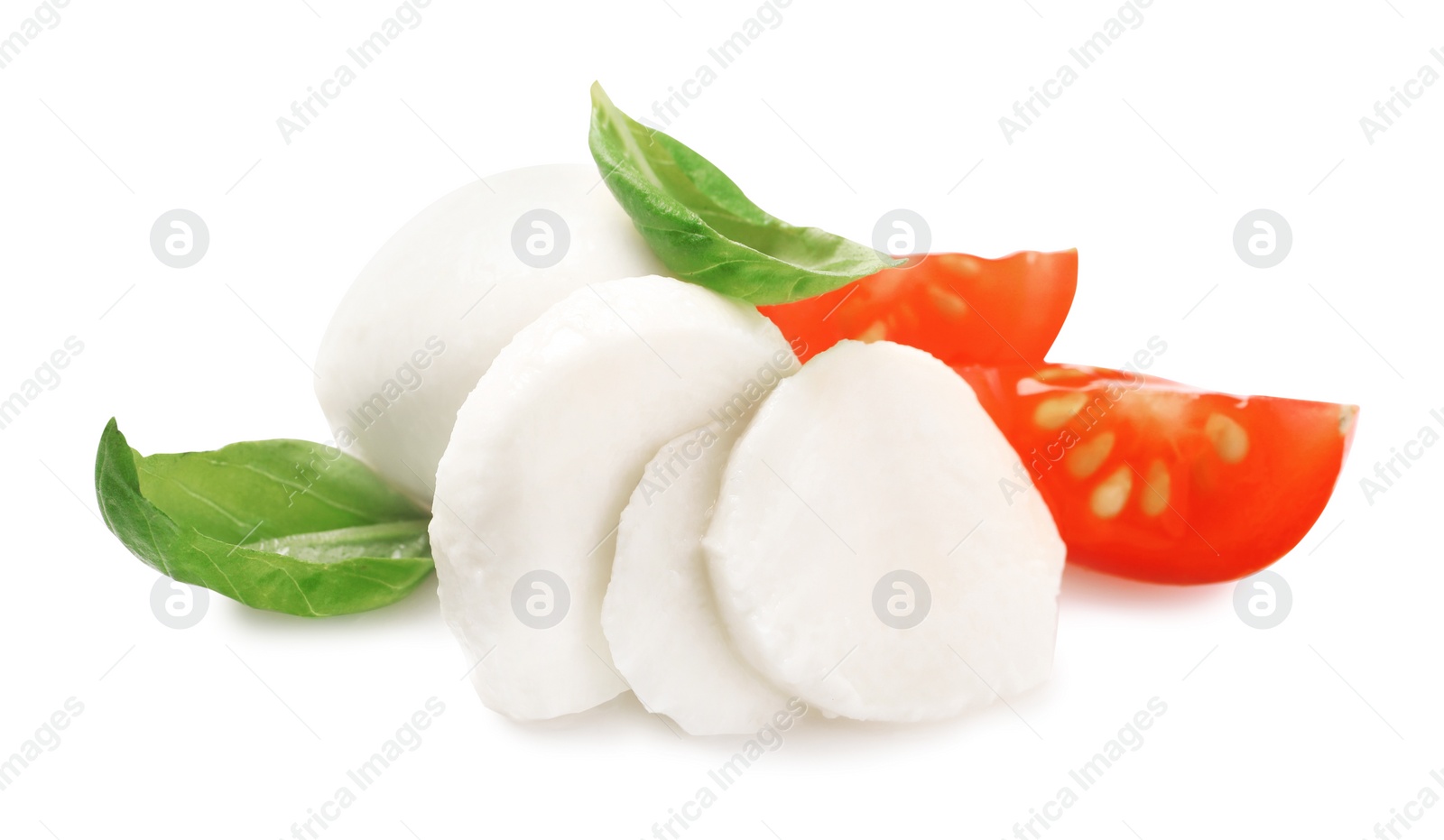 Photo of Delicious mozzarella, tomatoes and basil leaves on white background