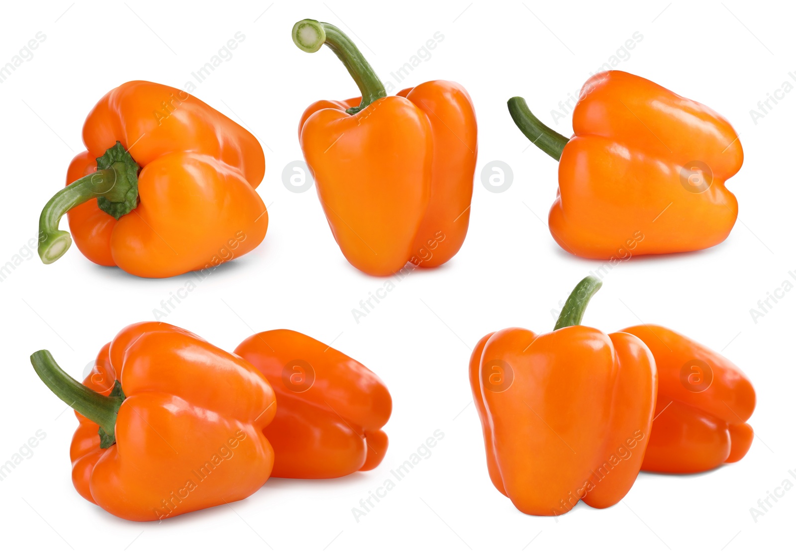 Image of Set of ripe orange bell peppers on white background