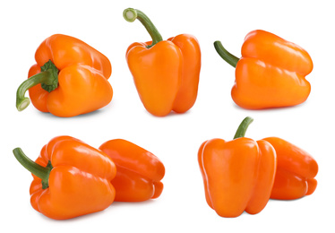 Image of Set of ripe orange bell peppers on white background