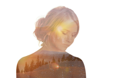Image of Double exposure of beautiful dreamy woman and mountain landscape. Concept of inner power