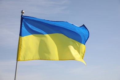 National flag of Ukraine against blue sky, closeup