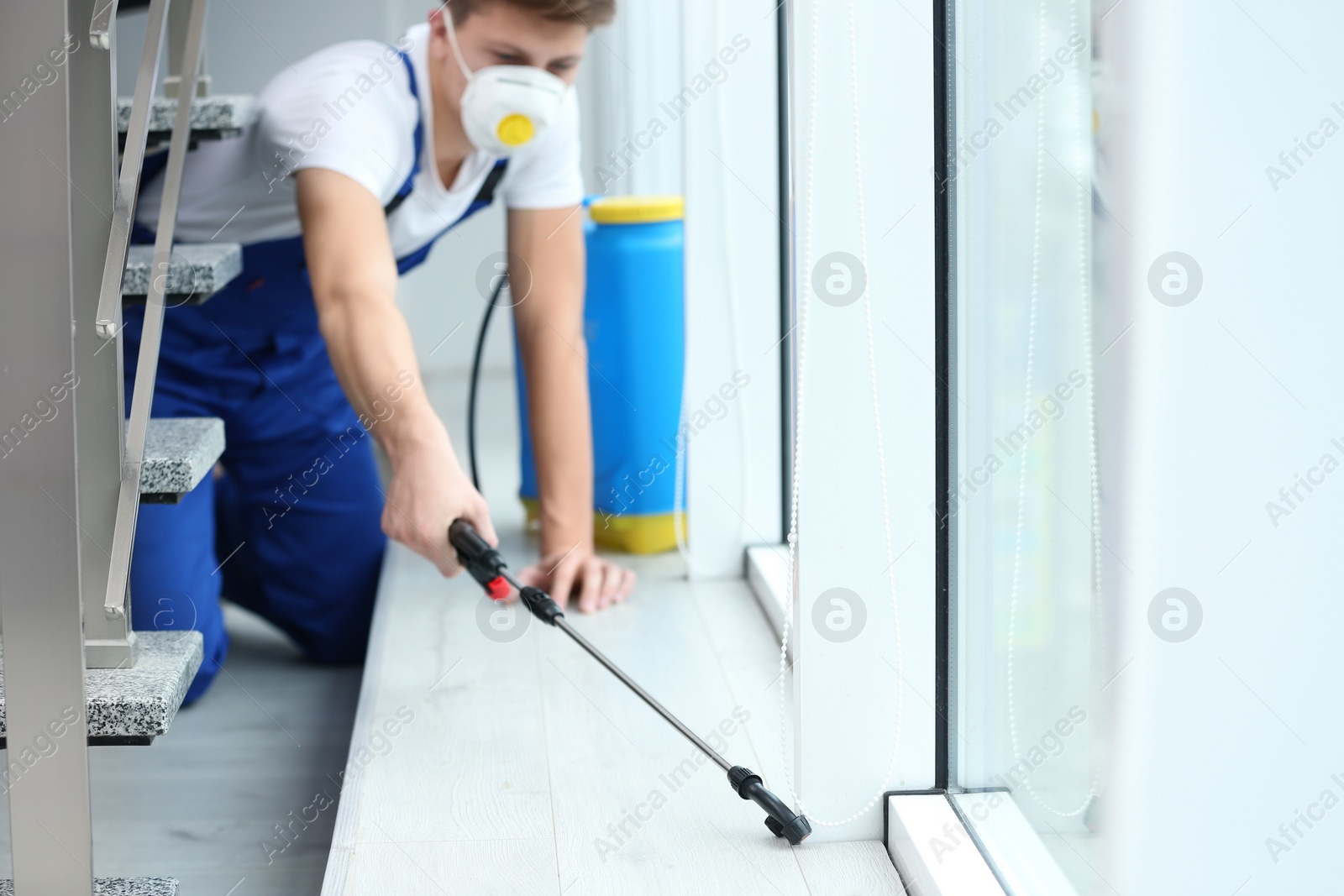 Photo of Pest control worker spraying pesticide near window in room, focus on sprayer