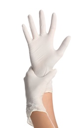 Doctor wearing medical gloves on white background, closeup