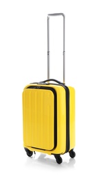 Photo of Yellow suitcase for travelling on white background