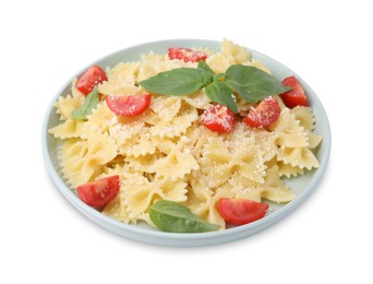 Photo of Tasty pasta with tomato, cheese and basil isolated on white