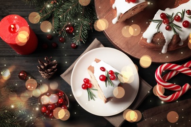 Image of Flat lay composition with piece of traditional homemade Christmas cake on black wooden table