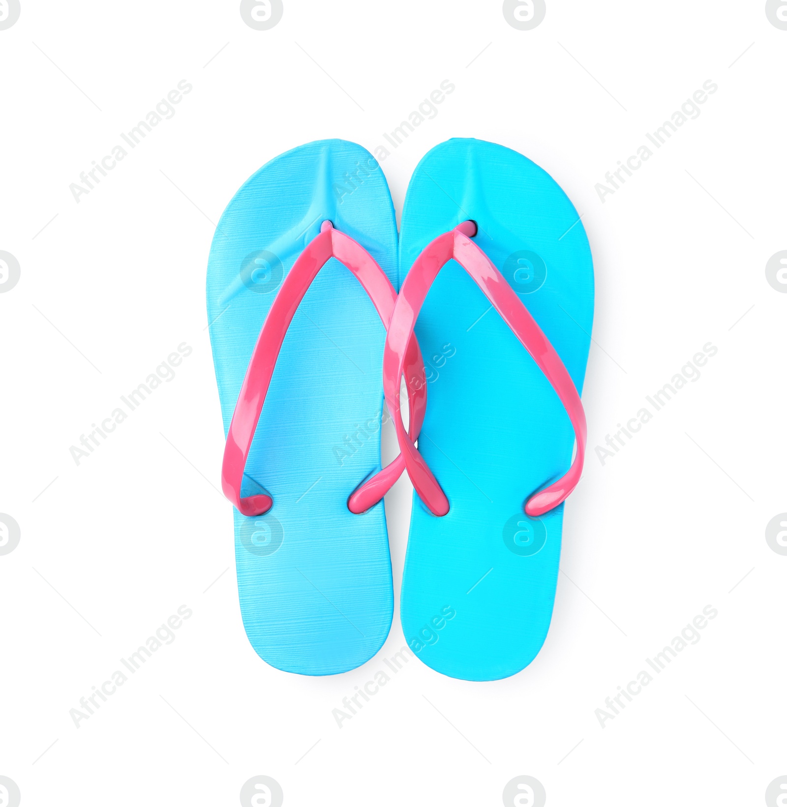 Photo of Stylish flip flops isolated on white, top view