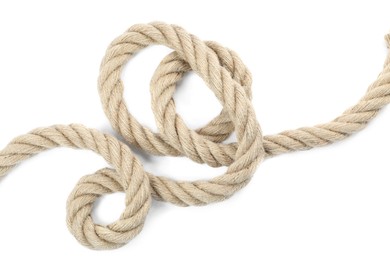 Photo of Hemp rope with loop isolated on white, top view