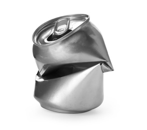 Empty crumpled aluminum can on white background. Metal waste recycling