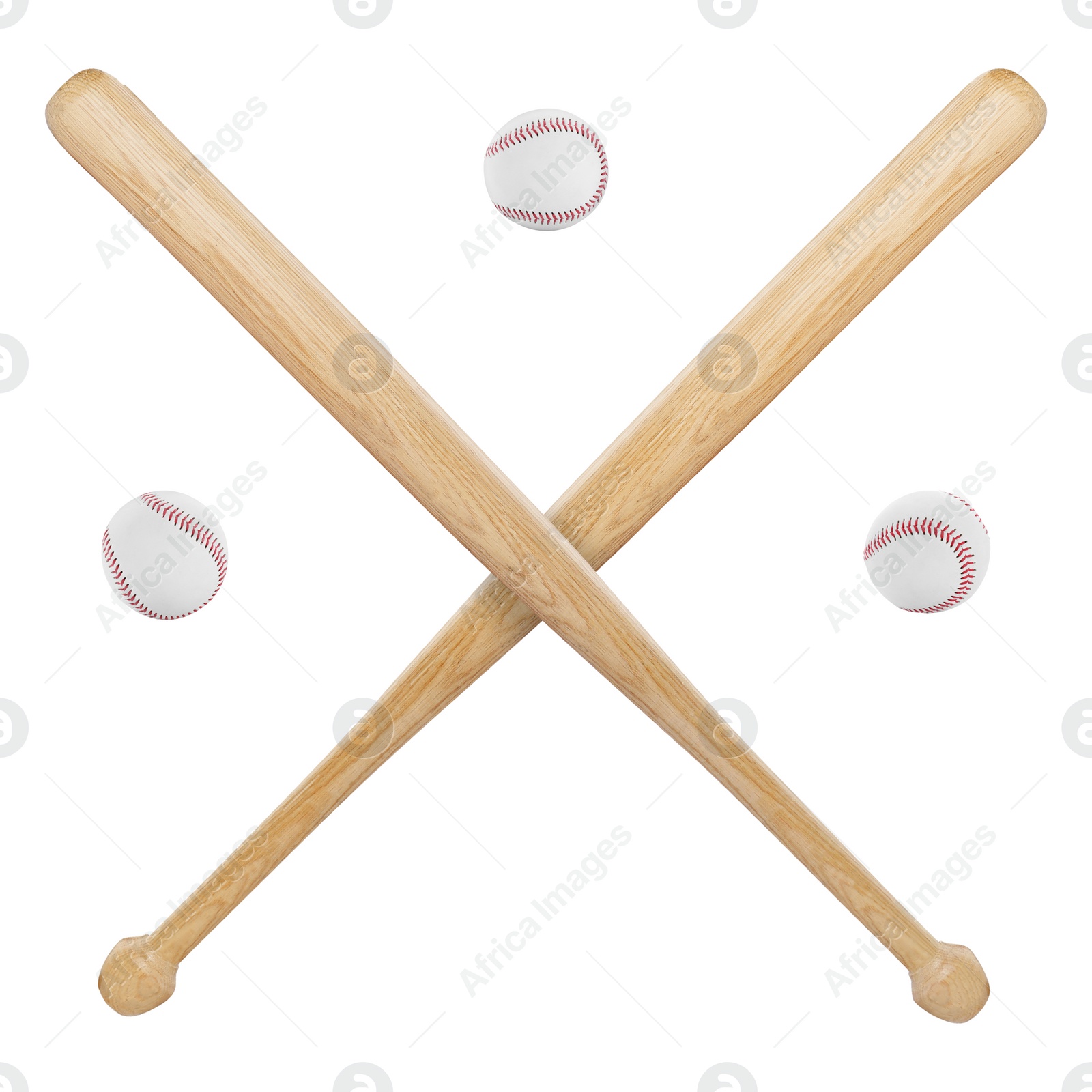 Image of Baseball balls and two crossed wooden bats isolated on white