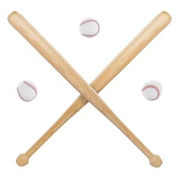 Image of Baseball balls and two crossed wooden bats isolated on white