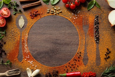 Silhouettes of plate with cutlery made with spices and different ingredients on wooden table, flat lay. Space for text