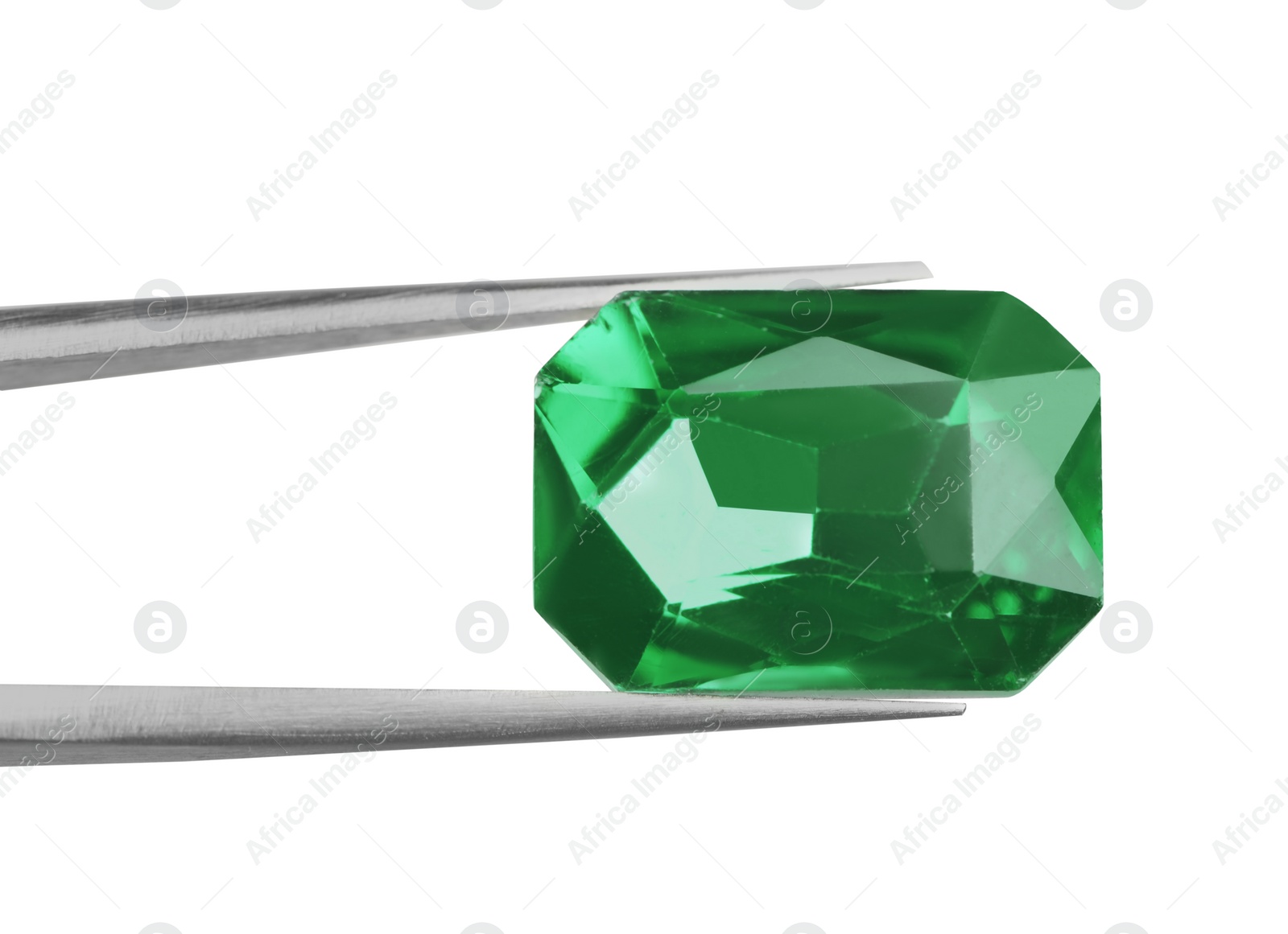 Photo of Tweezers with beautiful gemstone on white background