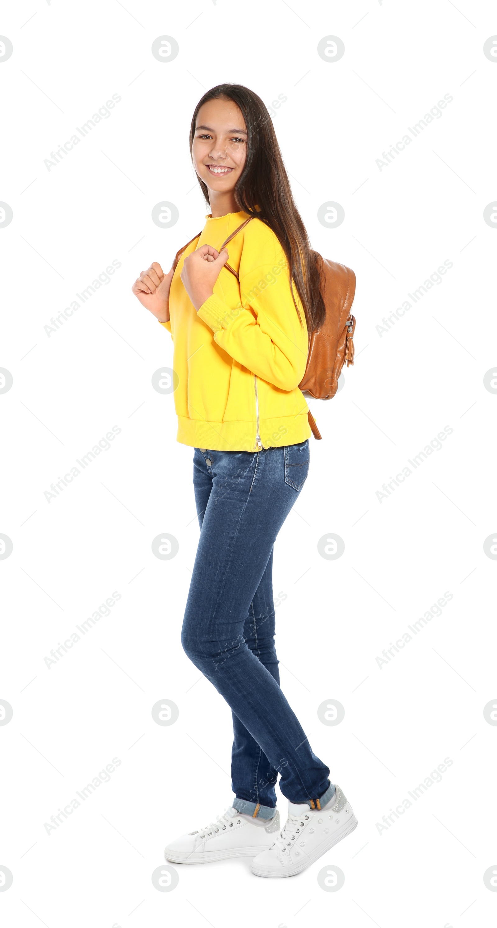 Photo of Teenager girl in casual clothes on white background