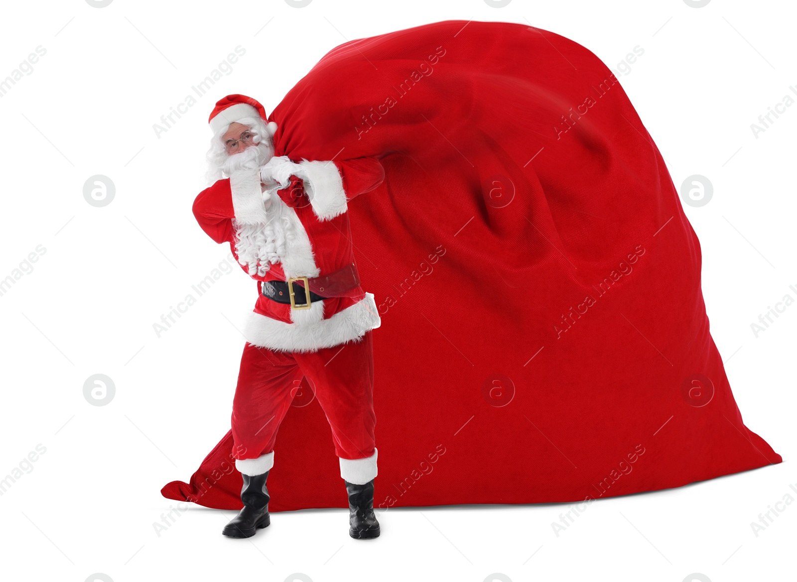 Image of Santa Claus with big red bag full of Christmas presents on white background